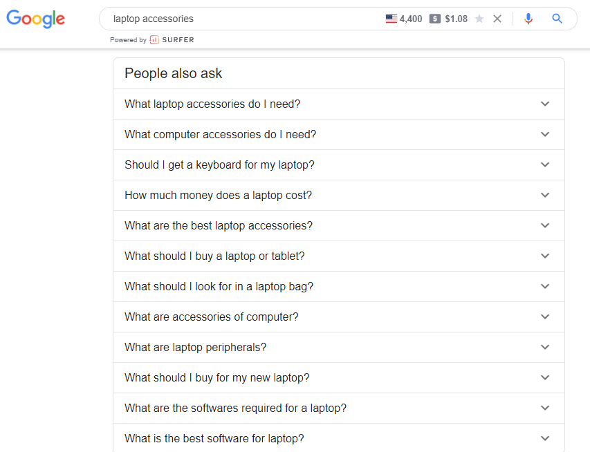 a screenshot of Google’s data from People Also Ask section that can be used for an ecommerce website blog