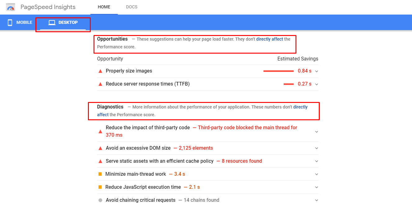 a screenshot of PageSpeed Insights recommendations on a website speed test on desktop devices