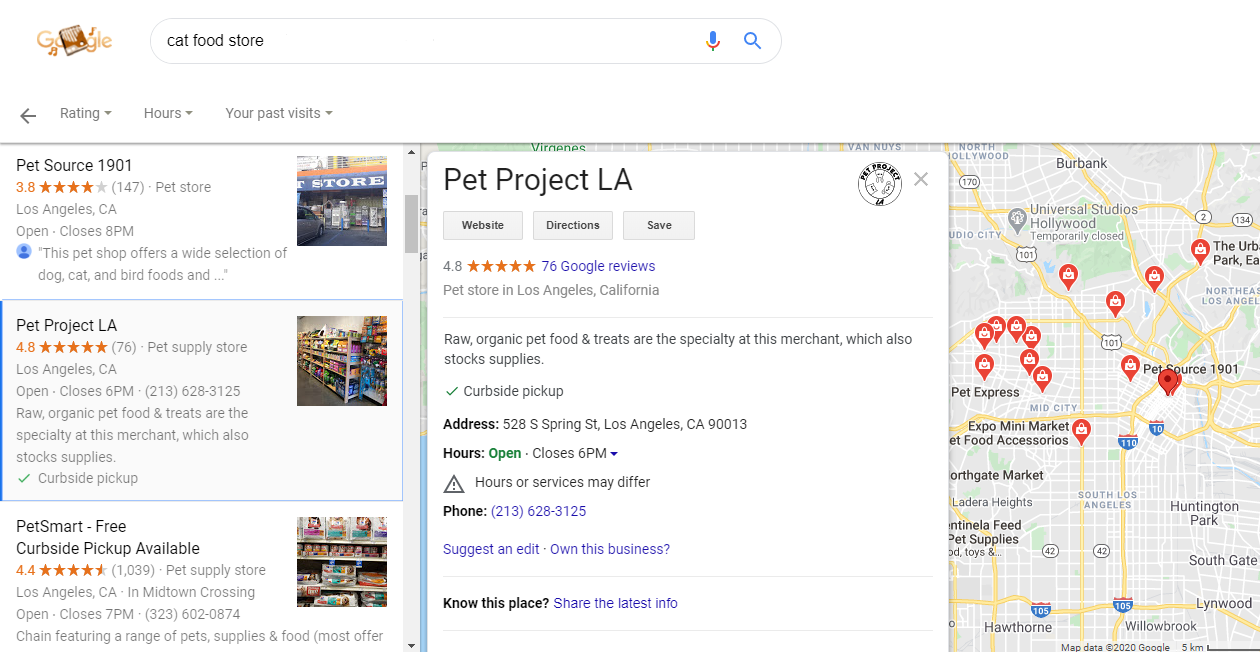 a screenshot of a Google My Business listing of a pet food shop