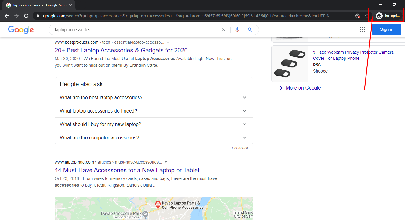 a screenshot of an incognito search in Google