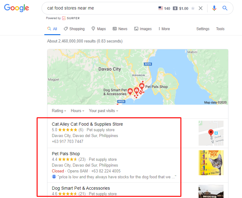 a screenshot of ecommerce stores on local search top results on Google