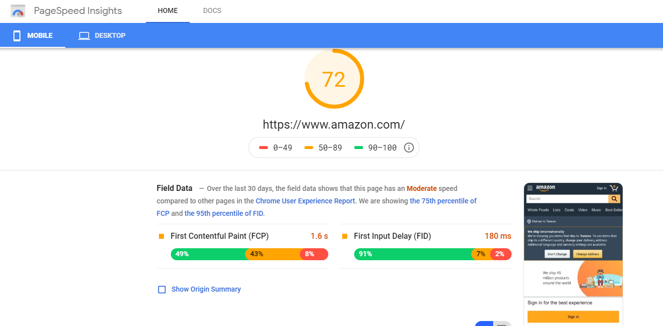 a screenshot of load speed test of an ecommerce site via Google’s PageSpeed Insight